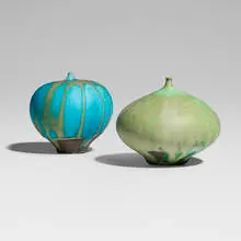 Feelie vases, set of two by Rose and Erni Cabat, c. 1990, glazed porcelain, sold Aug 2025