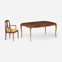 John Kennedy, Dining table and armchair, c. 1990, walnut, upholstery