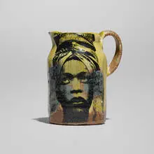 Portrait pitcher (Erykah Badu) by Roberto Lugo, soda-salt glazed stoneware, sold Aug 2025