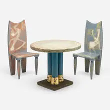 Carmen Spera, Table and chairs, set of two, c. 1985, painted concrete, painted wood, painted and gilt metal