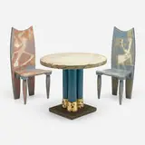 Carmen Spera, Table and chairs, set of two, c. 1985, painted concrete, painted wood, painted and gilt metal