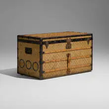 Louis Vuitton, Steamer trunk, vinylized canvas, beech, patinated and brass-plated steel, enameled steel, leather, brass
