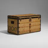Louis Vuitton, Steamer trunk, vinylized canvas, beech, patinated and brass-plated steel, enameled steel, leather, brass