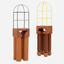 Garry Knox Bennett, Pedestal tables, set of two, 2002, douglas fir, walnut, bronze-plated brass, enameled brass, Plexiglass, gold-plated brass, leather