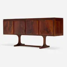 Miles Karpilow, Music cabinet, 1972, hand-carved walnut, cane, laminate