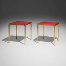 François-Claudius Compte-Calix, Occasional tables, pair, c. 1940, painted and gilt wrought iron, leather over oak