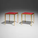 François-Claudius Compte-Calix, Occasional tables, pair, c. 1940, painted and gilt wrought iron, leather over oak