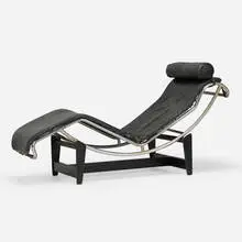 LC4 chaise lounge, model B306 by Pierre Jeanneret and Le Corbusier Charlotte Perriand, chrome-plated and enameled steel, leather, cowhide, rubber, sold Feb 2026