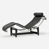 LC4 chaise lounge, model B306 by Pierre Jeanneret and Le Corbusier Charlotte Perriand, chrome-plated and enameled steel, leather, cowhide, rubber, sold Feb 2026