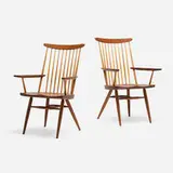 New Chairs with Arms, pair by George Nakashima, 1988, American black walnut, hickory, sold Feb 2026