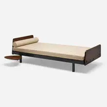 Jean Prouvé, SCAL daybed, model 452, c. 1953, upholstery, enameled steel, stained oak
