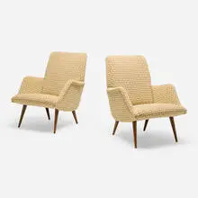 Armchairs model 806, pair by Carlo de Carli, c. 1955, upholstery, walnut, sold Feb 2026