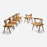 Grass-Seated chairs, set of six by George Nakashima, 1957, American black walnut, sea grass cord, sold Feb 2026