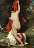 Ra William Etty, Female nude with a red robe, a satyr watching, oil on panel