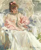 20th Century Russian School, Girl with parasol, indistinctly signed (lower right); further signed and inscribed (on canvas verso), oil on canvas
