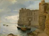 Französisch, um 1820, Fischerboote vor dem Palazzo Donn' Anna in Neapel, Öl auf Papier auf Leinwand