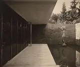 Deutscher Pavillon. Weltausstellung, Barcelona, 1928/29. Blick auf das Wasserbecken mit Skulptur „Der Morgen“ von Georg Kolbe / Photo: Berliner Bild-Bericht by Ludwig Mies van der Rohe, 1929, Vintage. Silbergelatineabzug, sold Oct 2018