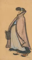 Heinrich Zille, Frau mit rotem Mantel, Kreide auf Papier