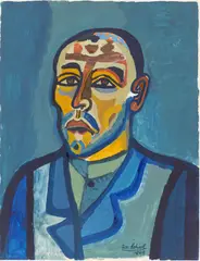 Josef Scharl, Porträt eines Mannes im blauen Jackett, 1949, Tempera auf Papier