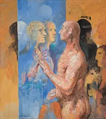 Willi Sitte, Herr Mittelmaß bewundert sich im Schaufenster, 1990, Acryl auf Papier