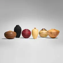 John Jordan, Collection of six vessels, 1989-2005, silver maple, red maple, walnut, ebonized wood, spalted maple, olive ash