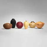 John Jordan, Collection of six vessels, 1989-2005, silver maple, red maple, walnut, ebonized wood, spalted maple, olive ash
