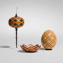 Collection of three miniature segmented works by Ray Feltz, c. 2005, various woods, sold Aug 2025