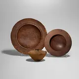 Collection of three works by Dennis Stewart and Richard Raffan Al Stirt, jarrah burl, redwood burl, grass tree, sold Aug 2025