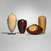 John Jordan, Collection of four vessels, 1988-92, box elder, Osage orange, acrylic paint, red maple, metal