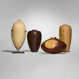 John Jordan, Collection of four vessels, 1988-92, box elder, Osage orange, acrylic paint, red maple, metal