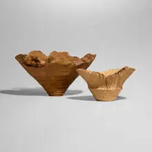 Chainsaw bowls, set of two by Mark Lindquist, spalted birch burl, cherry burl, sold Aug 2025