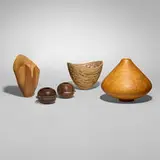 Collection of five vessels by John Whitehead, Dale Nish, Robert Chatelain and G.A. Goff, 1987-90, Madagascar rosewood, silver, wormy ash, box elder, black walnut, sold Aug 2025
