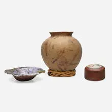 Studio Ceramics, Collection of three works, c. 1980-1990, bisque earthenware, glazed earthenware, glazed stoneware