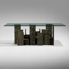 Paul Evans, Sculpted Bronze dining table, model PE-105, c. 1973, bronze resin over wood, glass