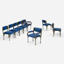 Paul Evans, Sculpted Bronze dining chairs model PE-106, set of eight, 1973, bronze resin over steel, upholstery