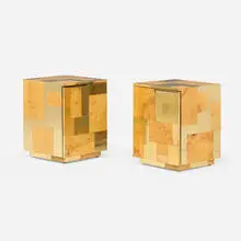 Paul Evans, Cityscape occasional tables from the PE 400 series, pair, c. 1973, olive ash burl veneer, brass