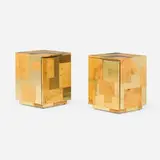 Paul Evans, Cityscape occasional tables from the PE 400 series, pair, c. 1973, olive ash burl veneer, brass