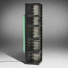 Johanna Grawunder, Bookshelf with Green Fluorescent Tubes, 1995, lacquered wood, stainless steel, fluorescent lights
