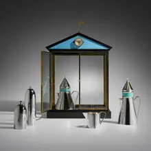 Aldo Rossi, Rare Piazza coffee and tea service, sterling silver, enamel, patinated copper, brass, painted wood, glass, stainless steel, enameled metal