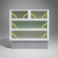 Atlantic cabinet by Michele de Lucchi, 1981, laminate, textured glass, enameled steel, sold Feb 2026