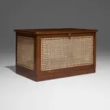 Linen chest from Hostel for Girls, Punjab University, Chandigarh by Pierre Jeanneret, c. 1958, teak, cane, steel, sold Feb 2026