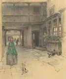 Rba Cecil Charles Windsor Aldin, A courtyard at the The Red Lion, Banbury, pen and ink and coloured chalks heightened with bodycolour