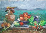 Michail Vladimirovich Matorin, Still life of peppers and radishes on a ledge, oil on canvas