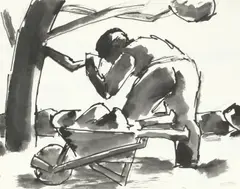 Josef Herman Ra, Man with cow, pen and ink