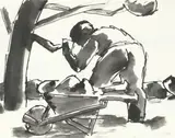 Josef Herman Ra, Man with cow, pen and ink