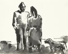 Josef Herman Ra, The peasants talking with dog, pen and ink