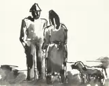 Josef Herman Ra, The peasants talking with dog, pen and ink