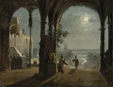 Franz Ludwig Catel, Loggia mit Figuren bei Mondschein, Um 1835, Öl auf Bütten auf Leinwand