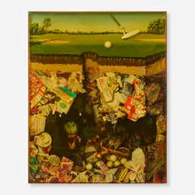 Alexis Rockman, Golf Course, 1997, resin, digital photographs, oil paint, plastic, soil, wood found objects
