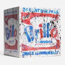Madsaki, Brillo Soap Pads Box II-P, 2019, offset lithograph in colors with hand-embellishments on cardboard box